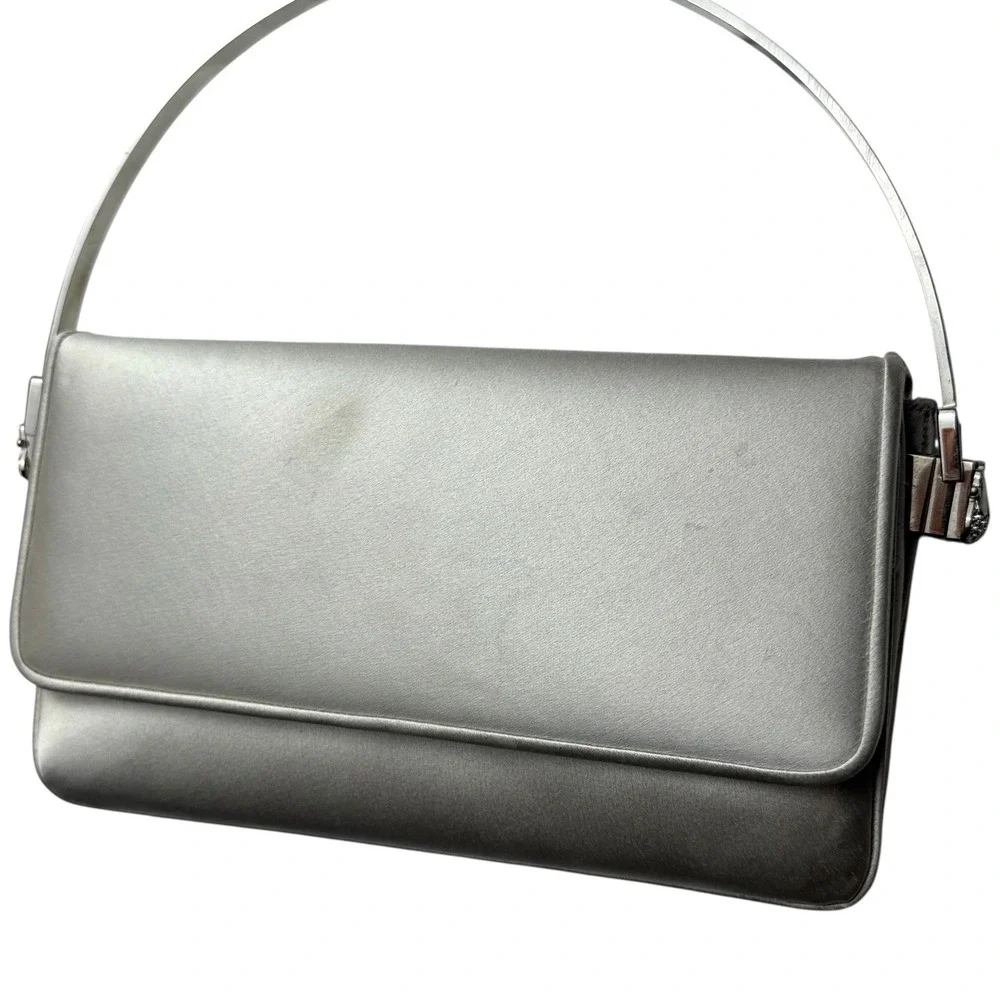 Vintage Judith Leiber‎ Silver Soft Boom Clutch Crystal Handle Evening Event